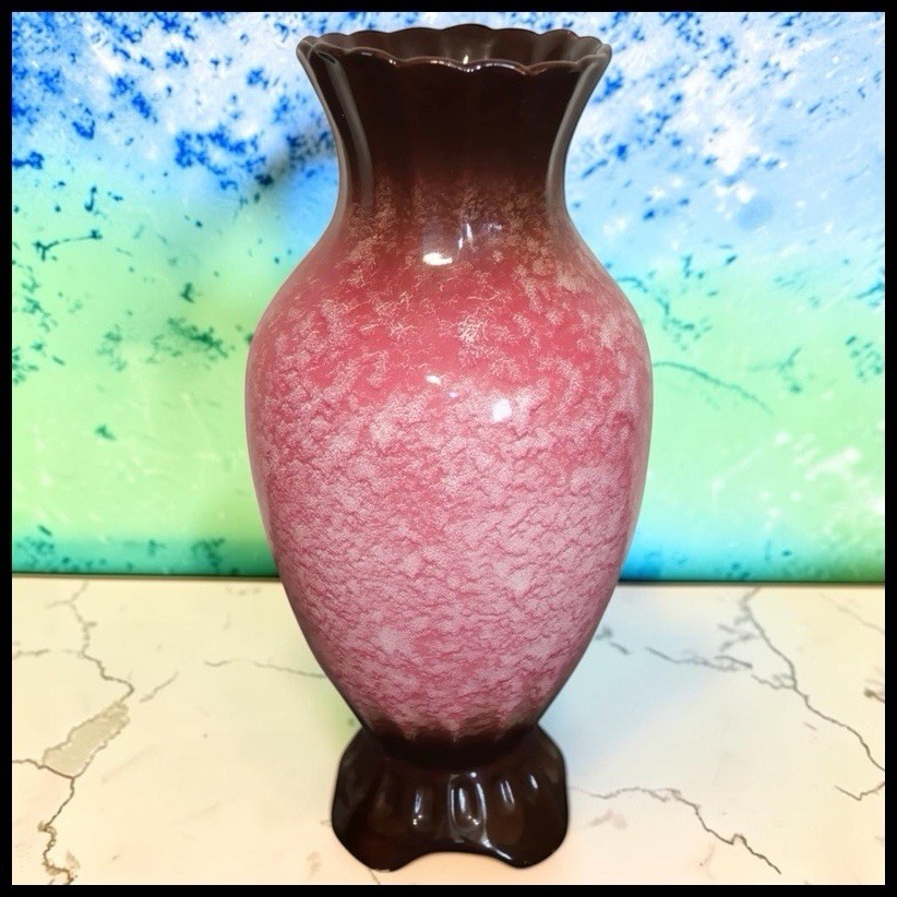Antique Japanese Art Deco Awaji Pottery Vase 1920s Taisho Mauve Brown Footed 8″