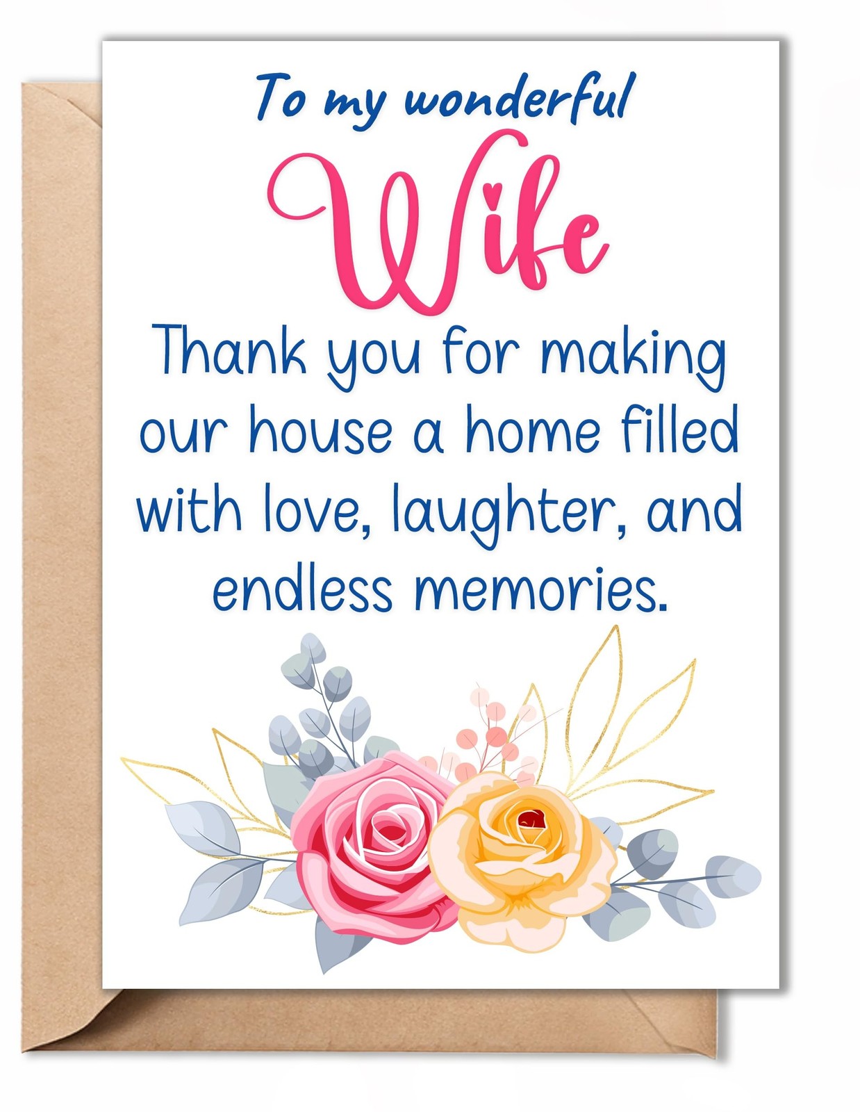 Mothers Day Card for Wife from Husband – Romantic 5×7 Folded Card with Env
