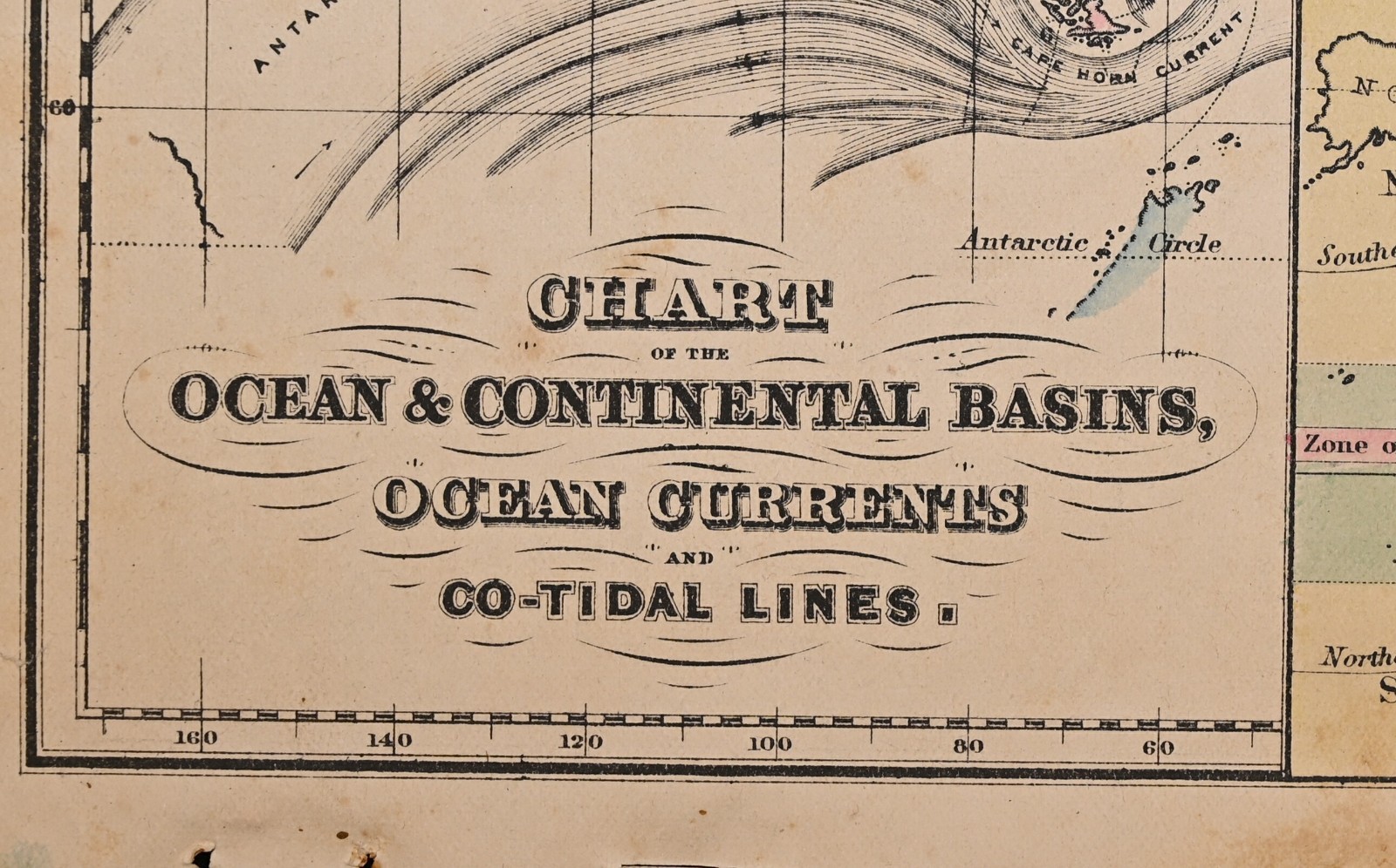 1866 Antique Map World Chart Ocean & Continental Basins Currents Co-Tidal Lines