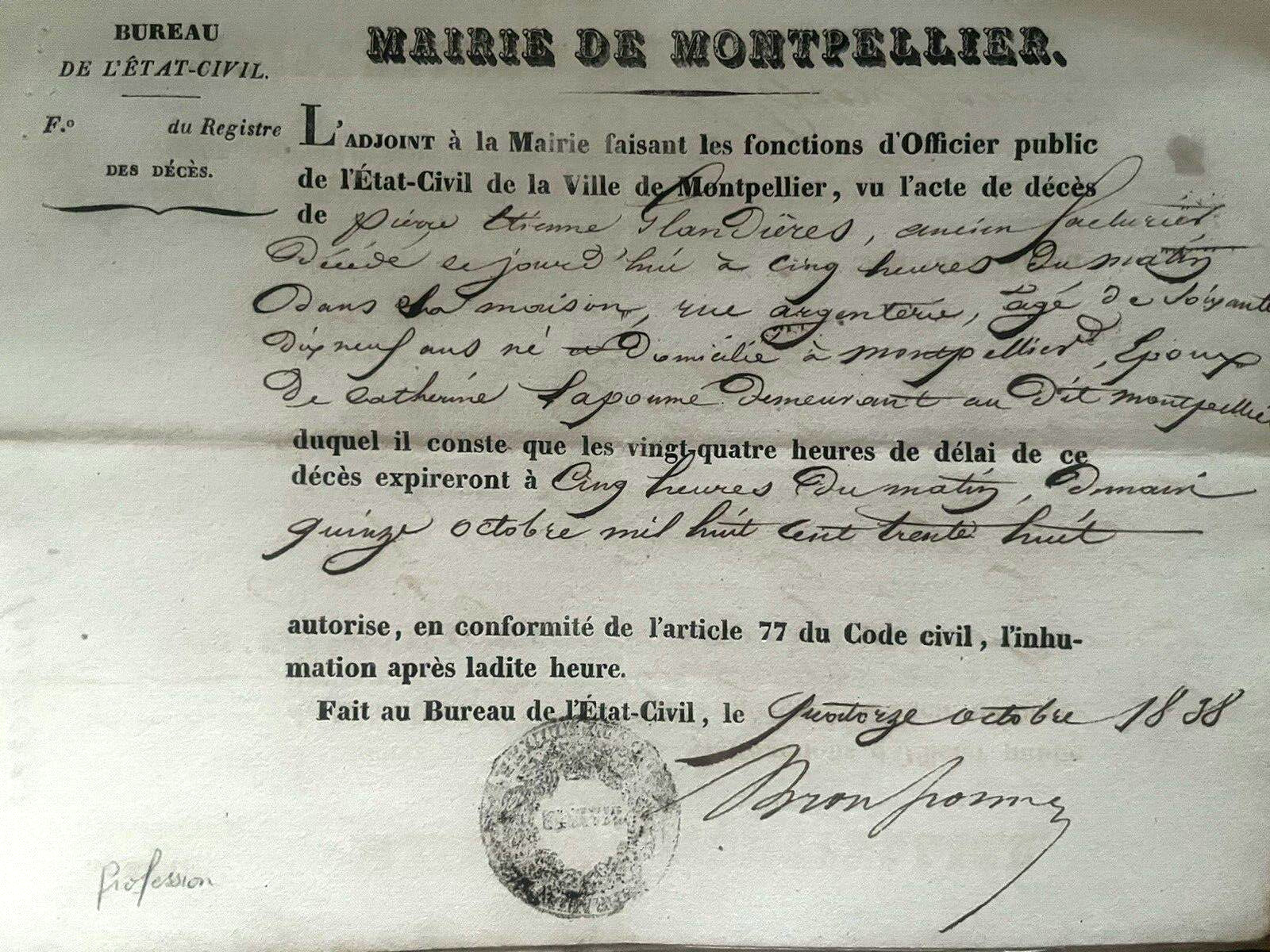 DEATH CERTIFICATE Authentic Document from 1800s