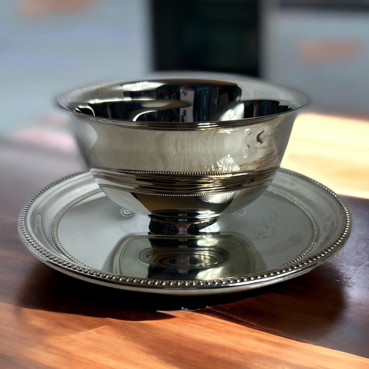 Silverplate Gravy Boat Sauce Bowl Attached Plate Soup Condiment Formal Catering