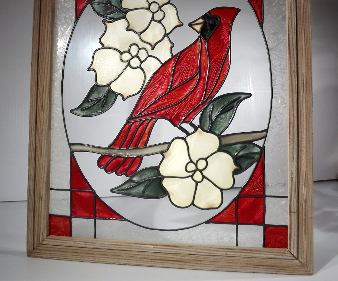 Hand Painted Stained Glass Red Cardinal – Light Brown Wooden Frame – Dogwood