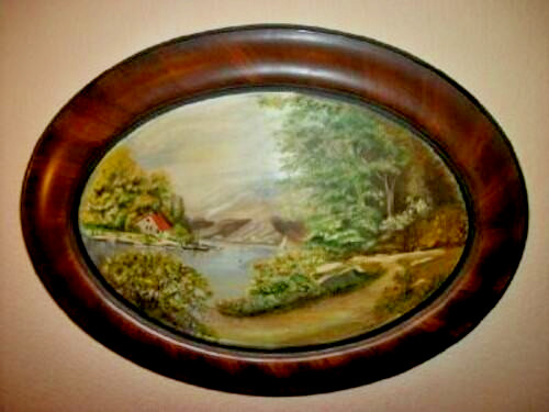 Victorian French Oil Painting Landscape Lake Faux Grain Wood Frame Convex Canvas