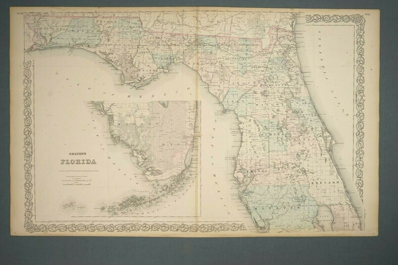 J.H. Colton’s Map of Florida 1868 Book Resourced Atlas 17 1/4 x 28 inches