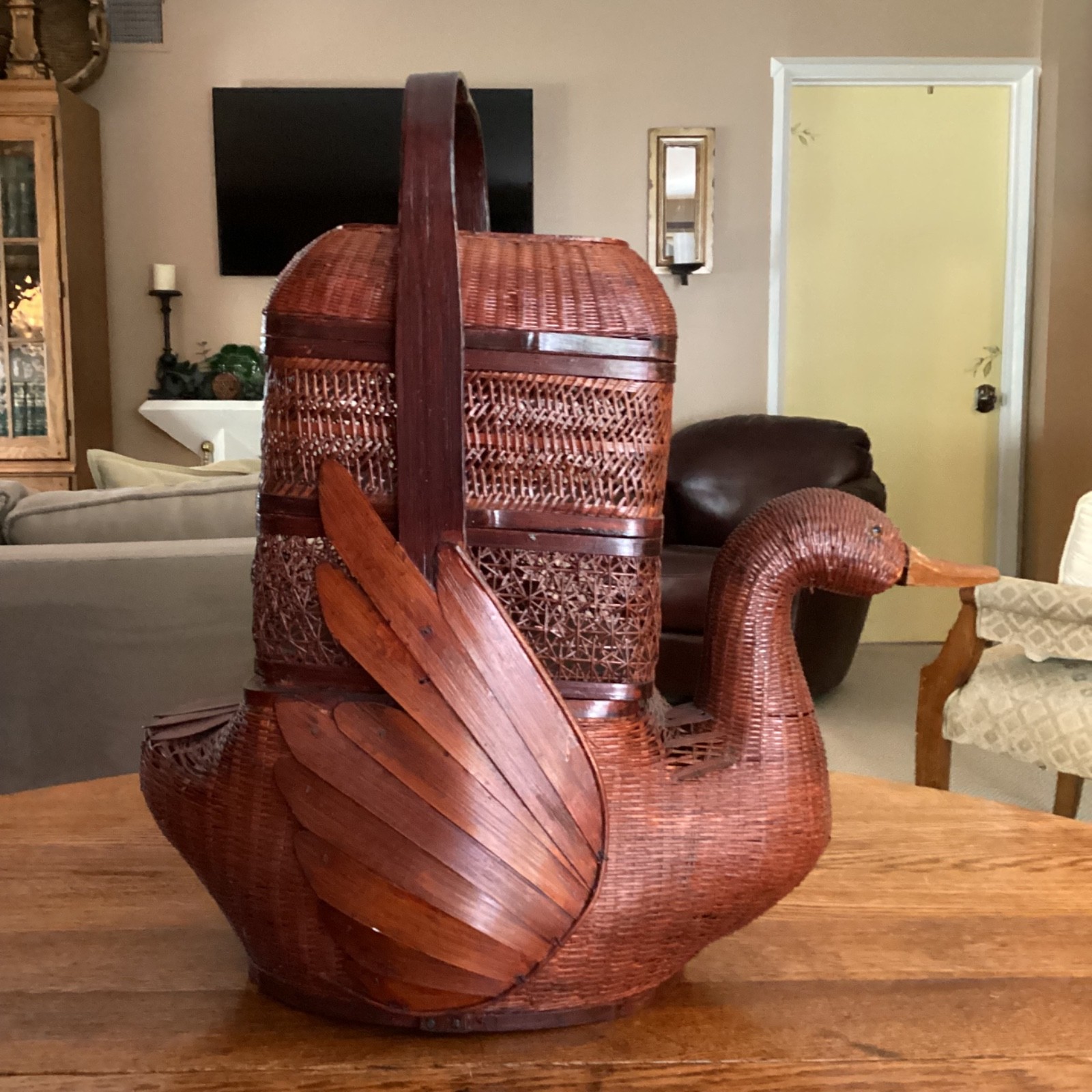 3-Tier Japanese Asian Wedding Basket Woven Wicker Figural Duck Bird