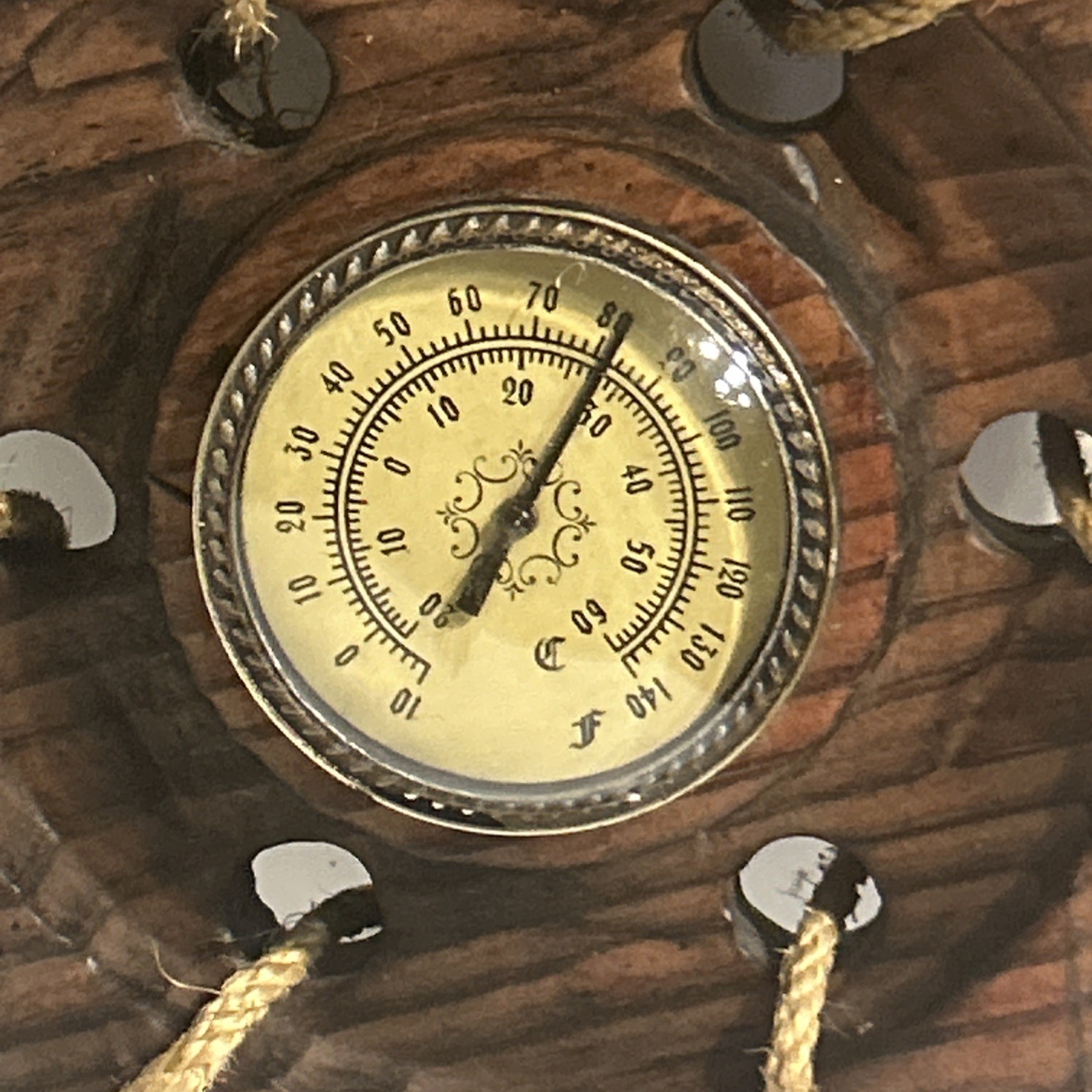 Vtg Nautical Ship Wheel Thermometer Wall Decor Rope Accents Wooden Maritime/228e