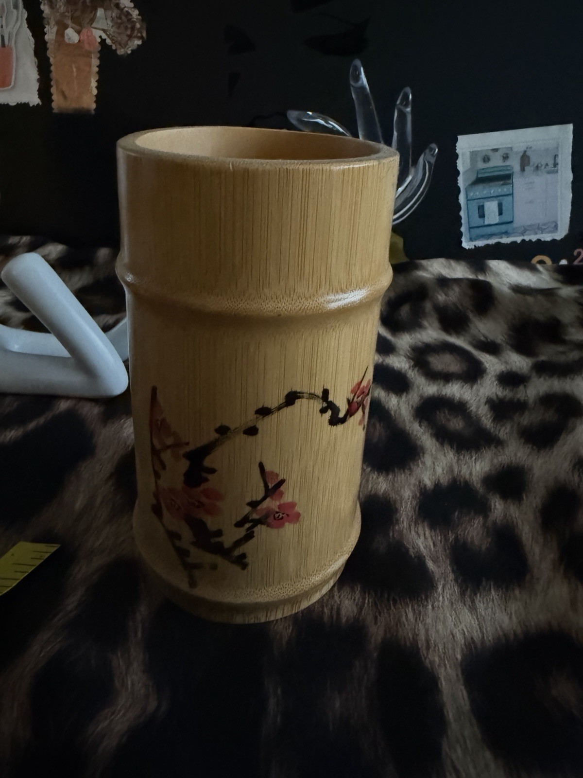 Bamboo Pen Brush Holder Pot Chinese Flower Blossoms