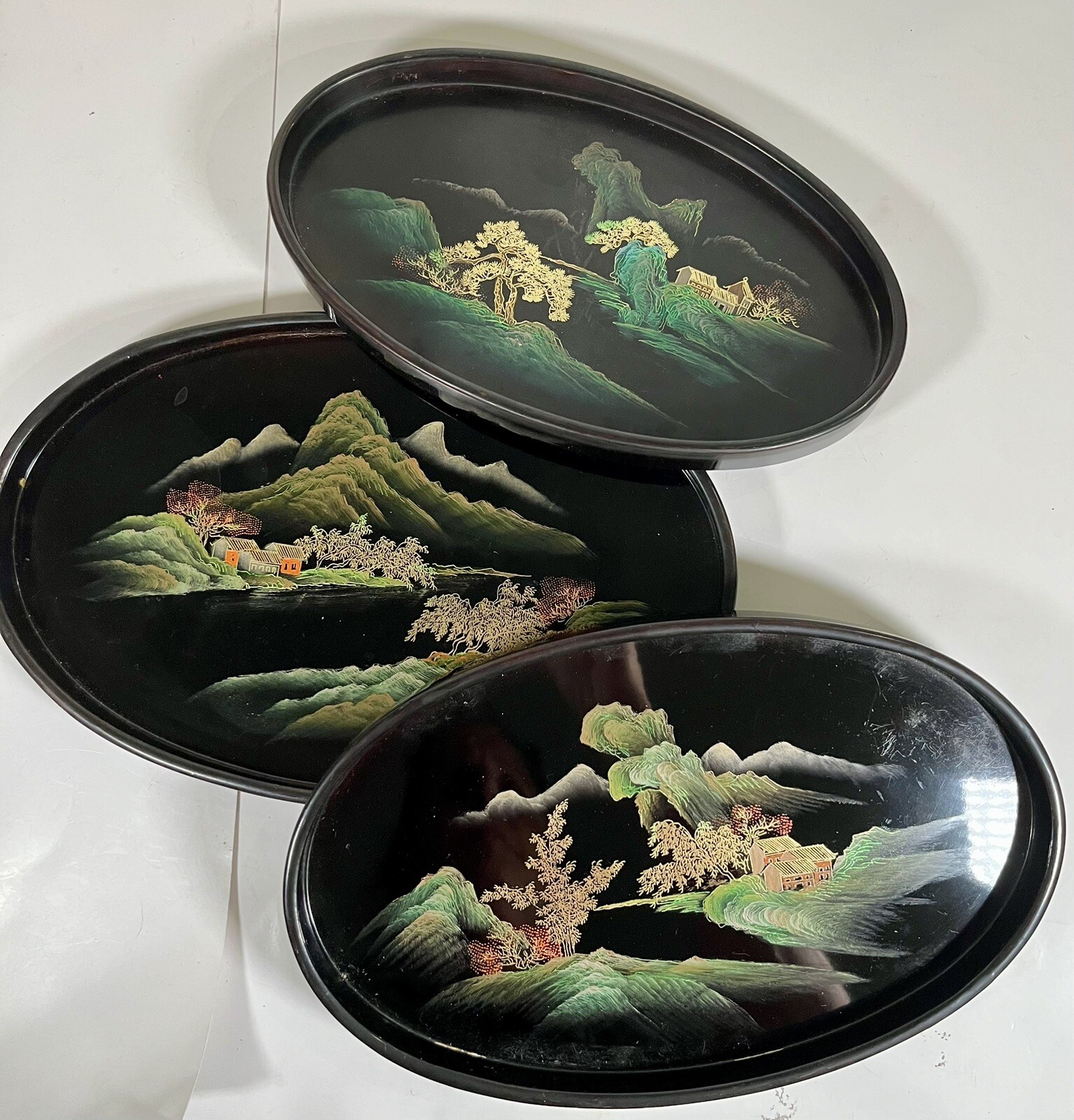 FUZHOU LACQUER 3 Black Nesting VTG Trays. Hand Painted Asian Scenes on Wood 60’s