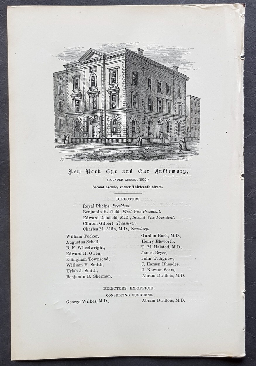 1869 Valentine Antique Print of Eye & Ear Infirmary 2nd Ave & 13th New York City