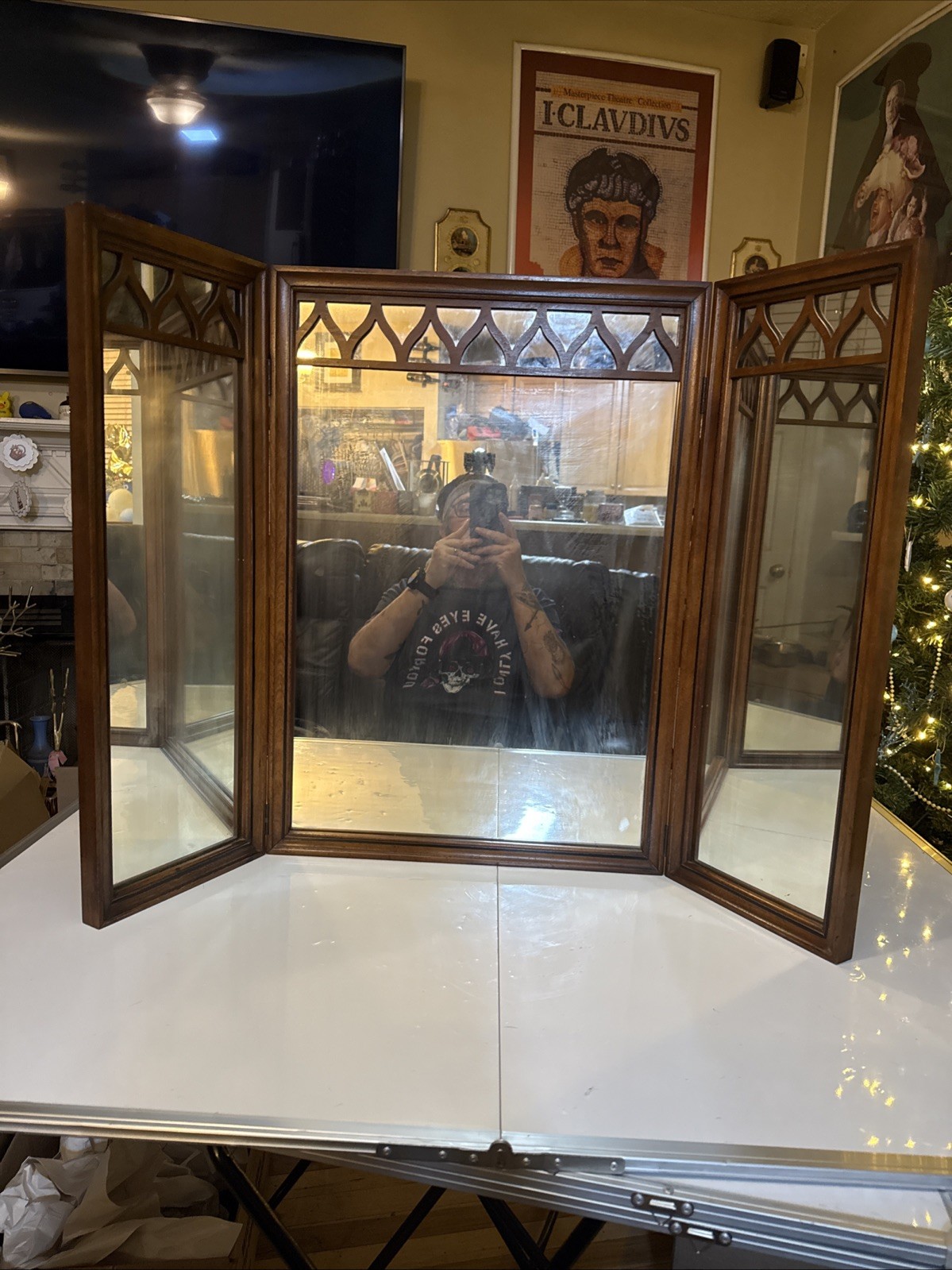 Vintage Wood Tri Fold Vanity Mirror Dresser Tabletop Mirror Vanity Mirror *Read