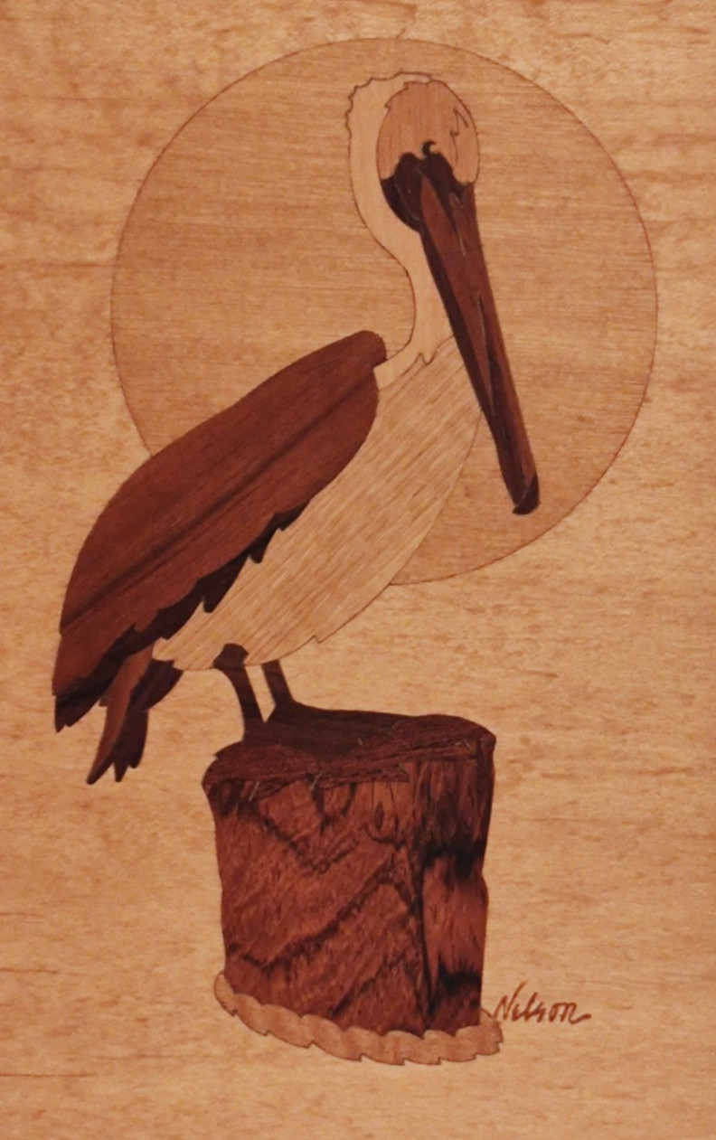 HUDSON RIVER INLAY PICTURE – VINTAGE PELICAN – WOOD MARQUETRY by 6 x 9