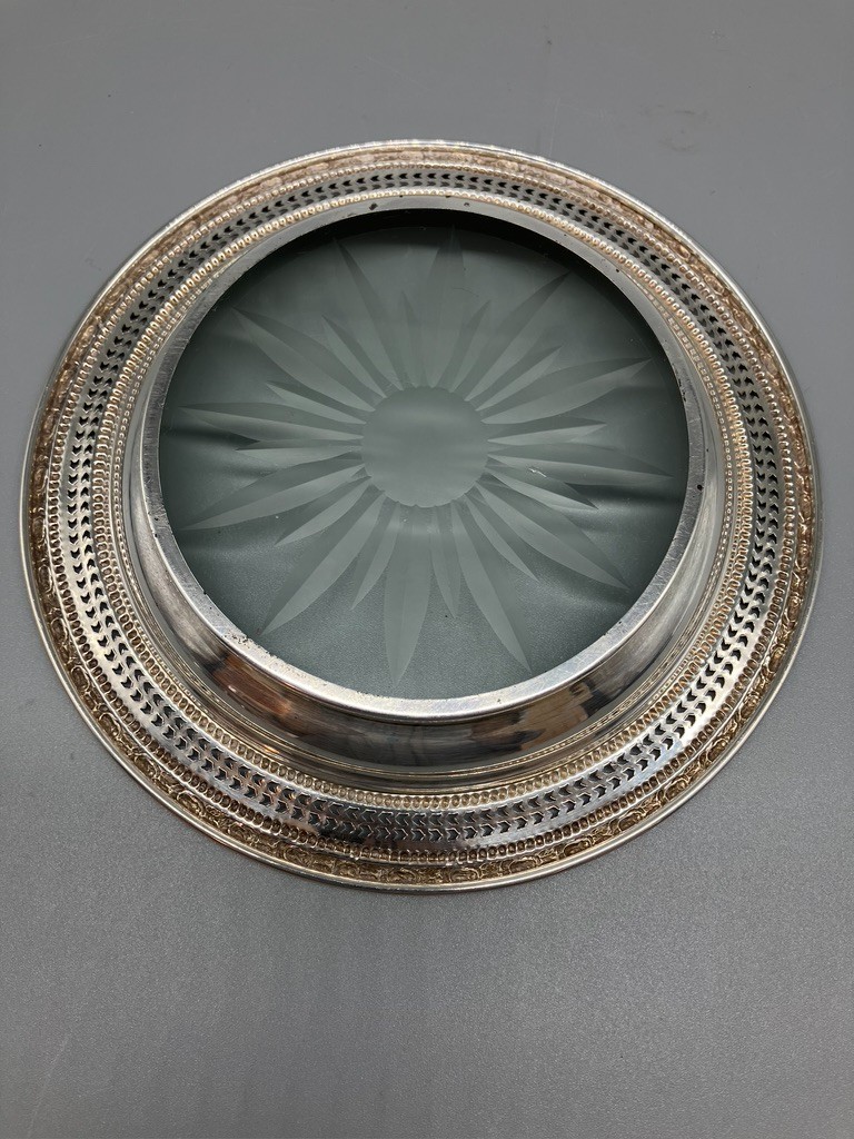 LARGE FRANK M WHITING & CO STERLING SILVER AND CUT GLASS BOTTLE COASTER