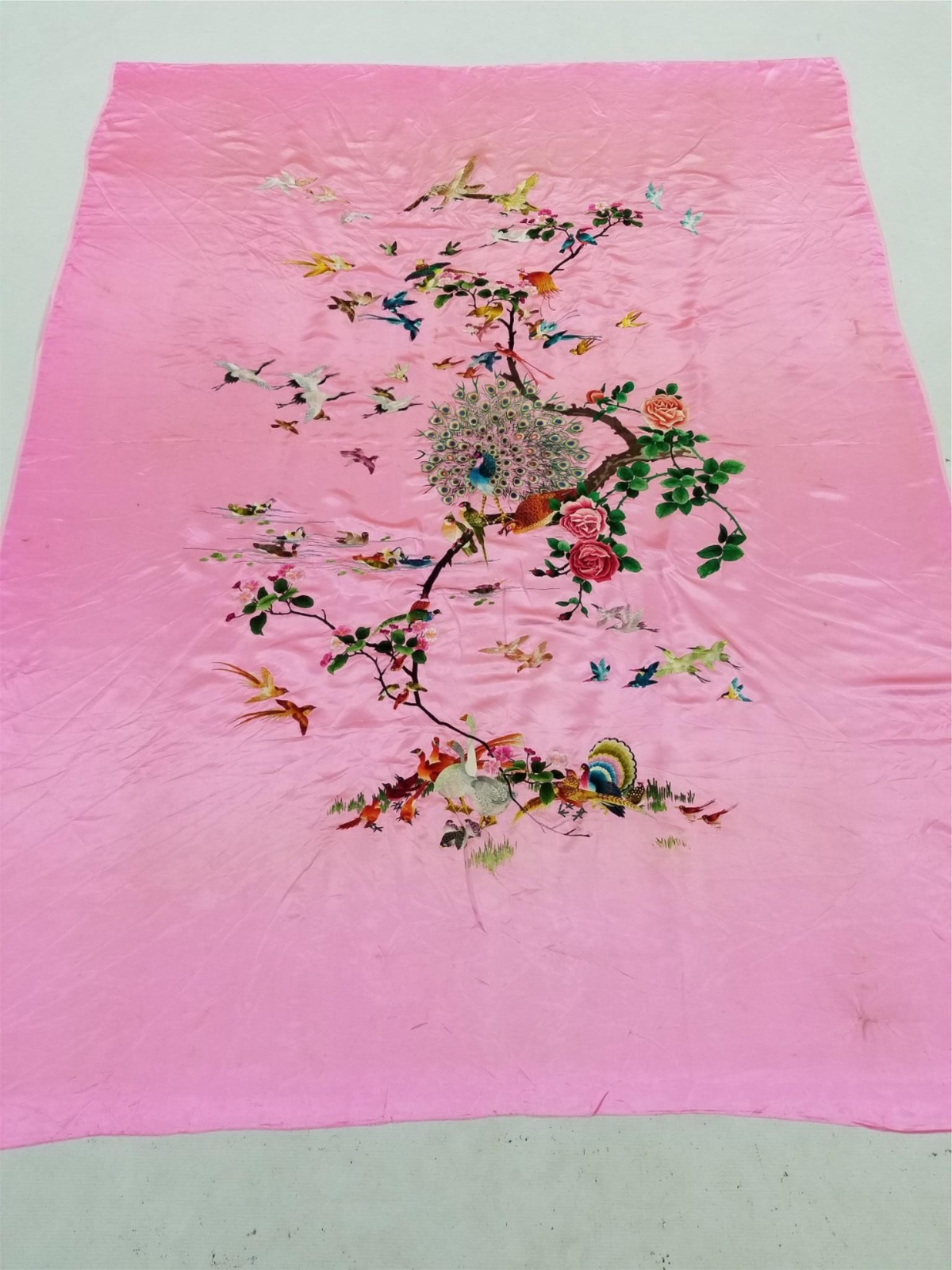 Antique Chinese Hand Embroidered Floral & Birds Silk Panel 74×56 inches
