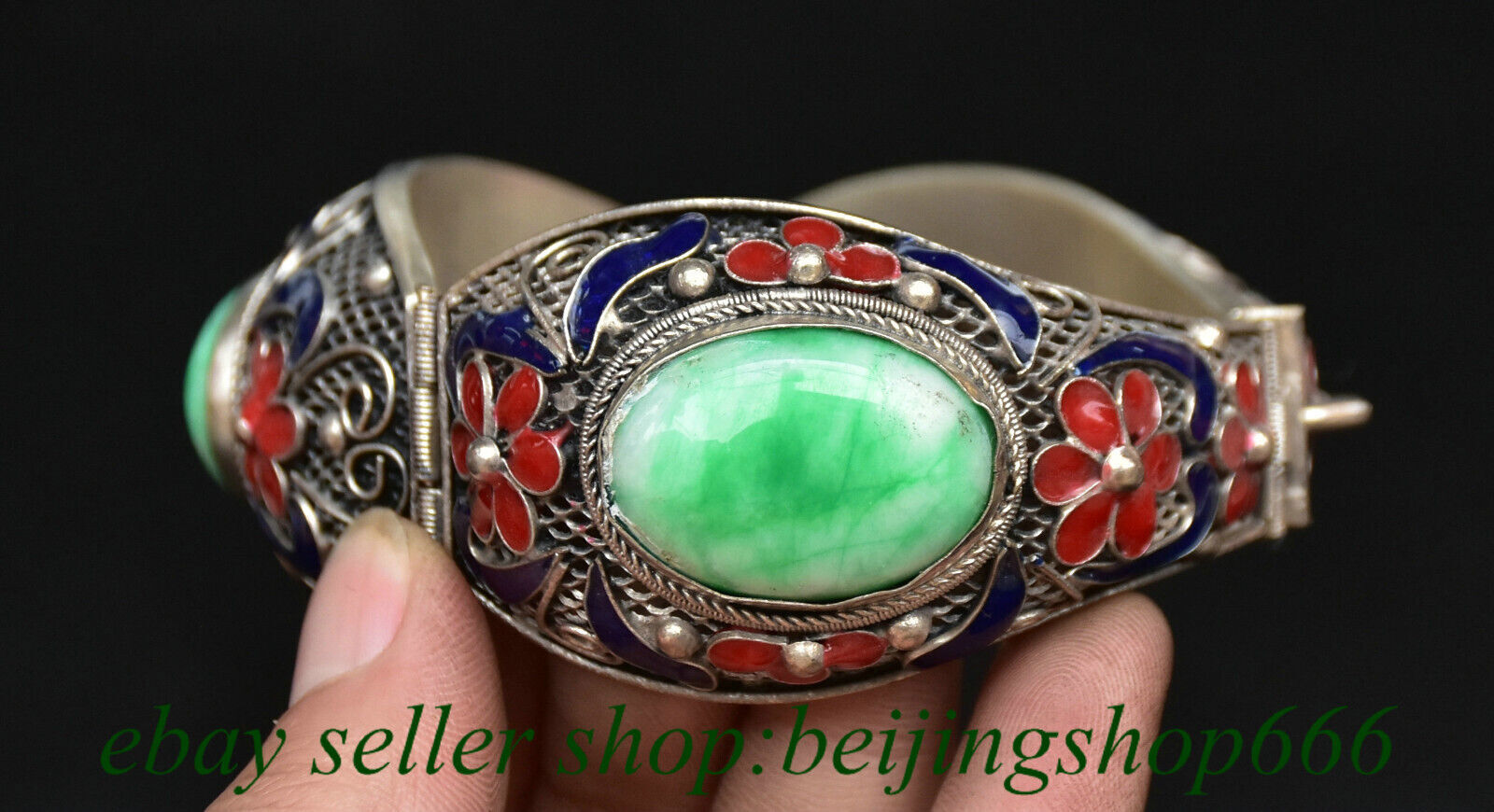 3.6″ Old Chinese Copper Cloisonne Green Jade Gems Jewelry Round Bracelet Statue