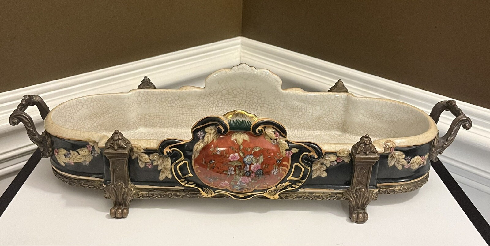 Antique Castilian Imports Brass And Porcelain Jardiniere Tray Footed