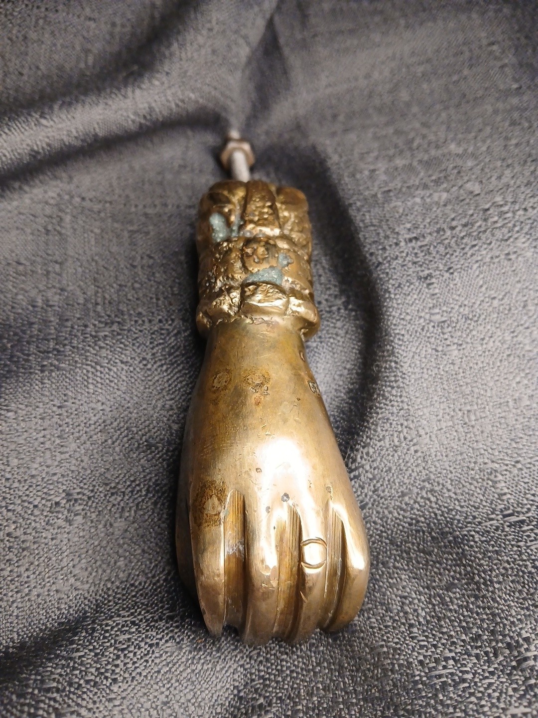 Antique Solid Brass Hand on Ball Victorian Door Knocker Hinged Striker