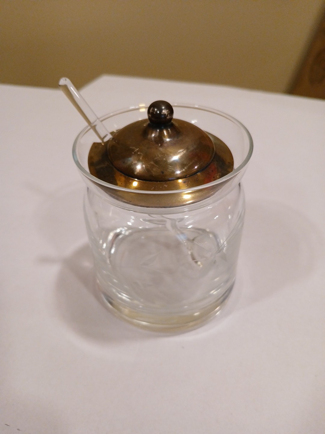 Vintage Glass Honey Jar Sterling Silver Lid JAM JELLY SPOON ETCHED
