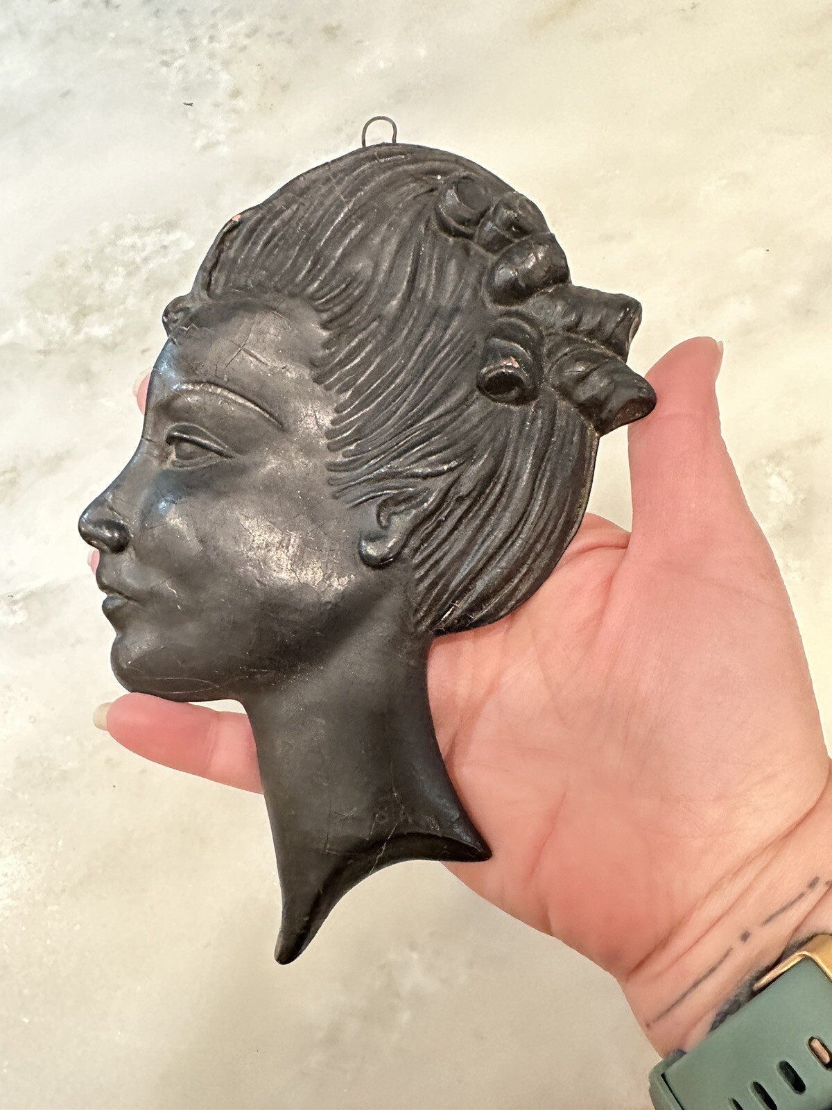 Rare Antique Victorian Tooled Leather? Female Cameo Silhouette Wall Hanging 7″
