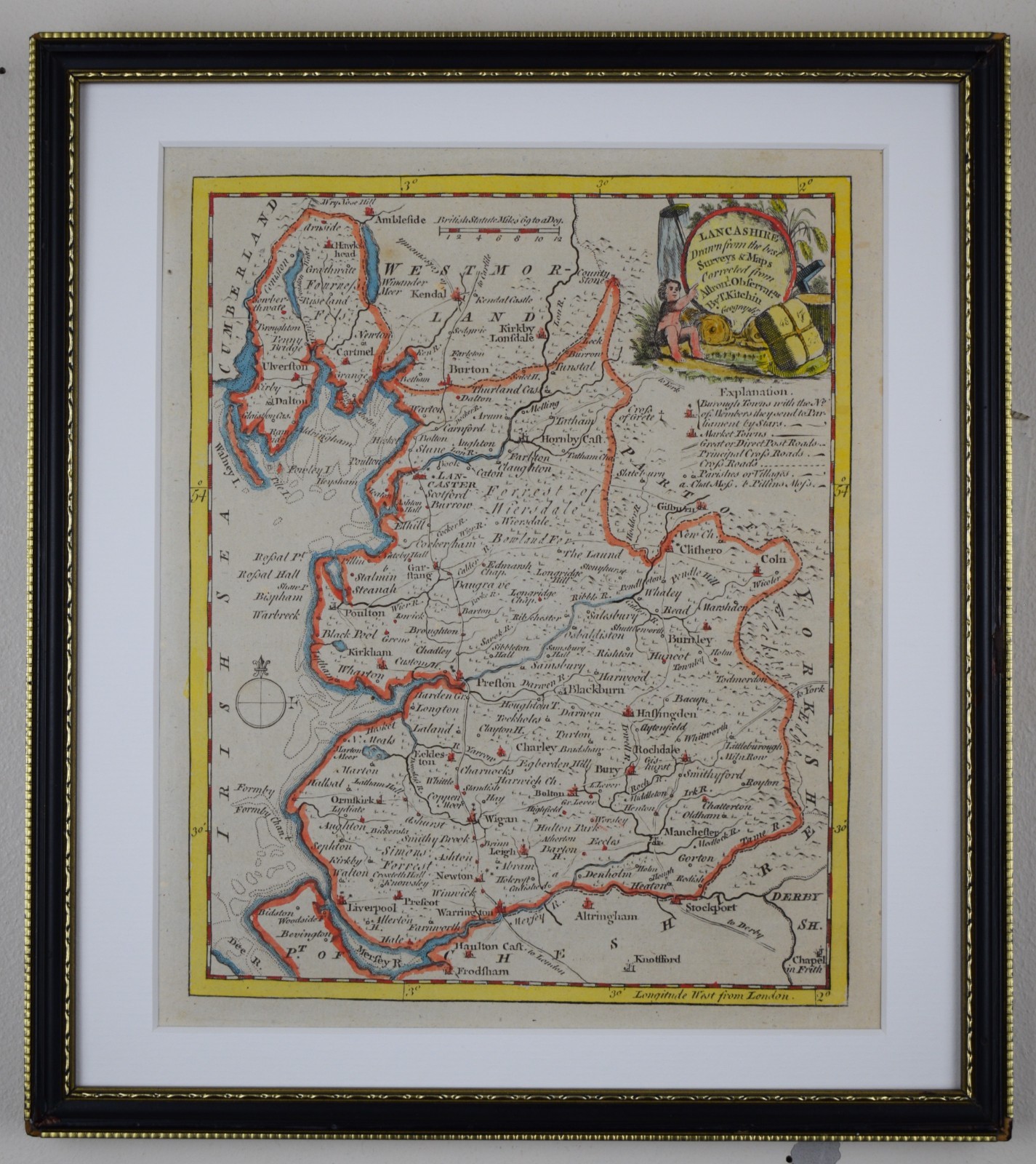 Lancashire, original copperplate engraved map by Thomas Kitchin, 1786.