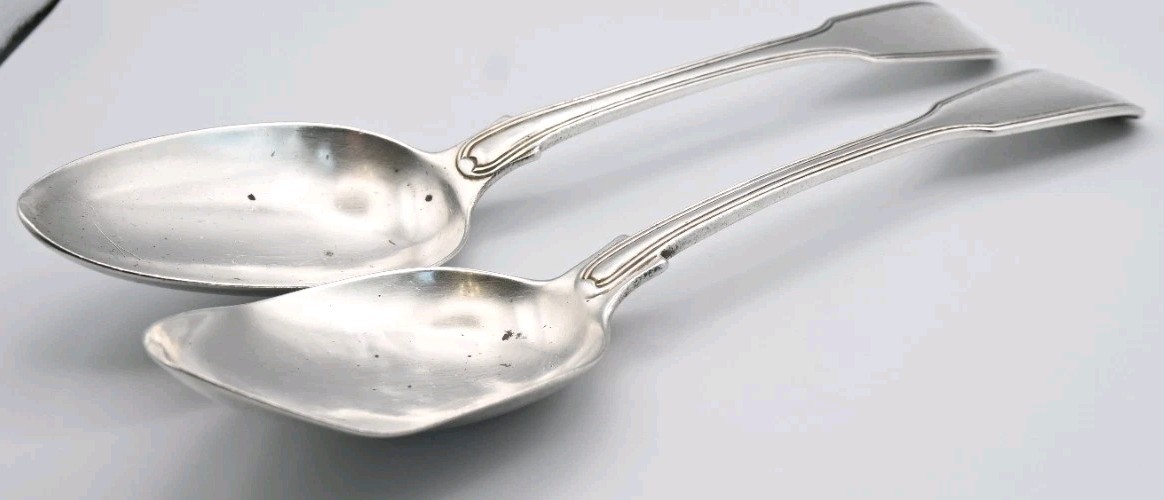 Antique 2 Silver Large Spoons Table/Serving Georgian Victorian 169g Heavy Reeded