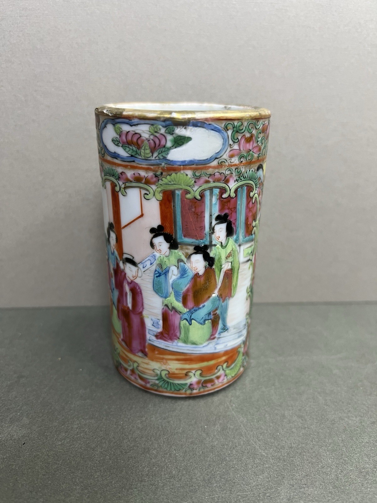 Antique Chinese Famille Rose Porcelain Brush Pot, Spill Vase, Birds, Figures