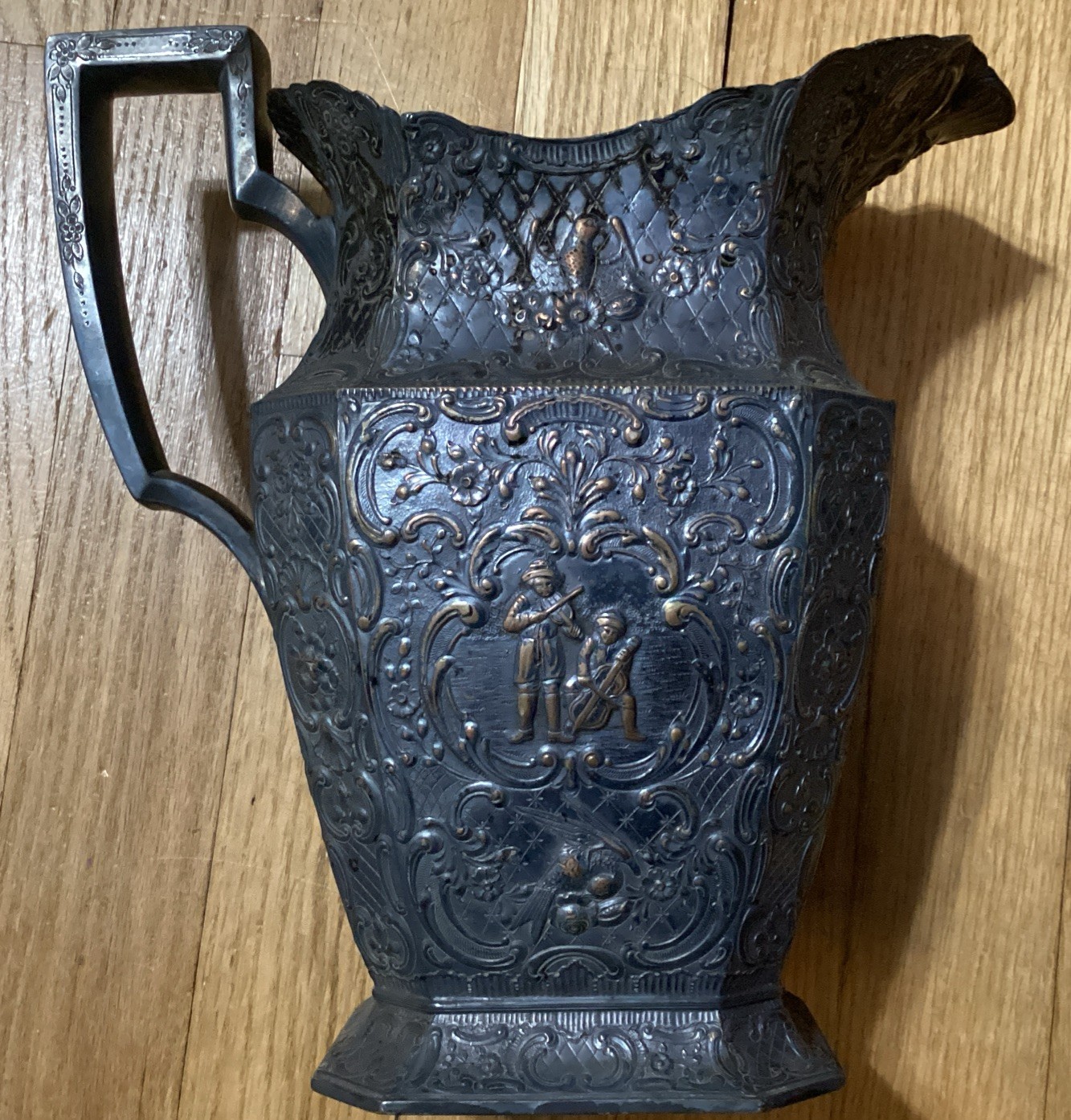 Antique E.G. Webster & Son Repoussé Silver Plate Water Pitcher (hammered metal)