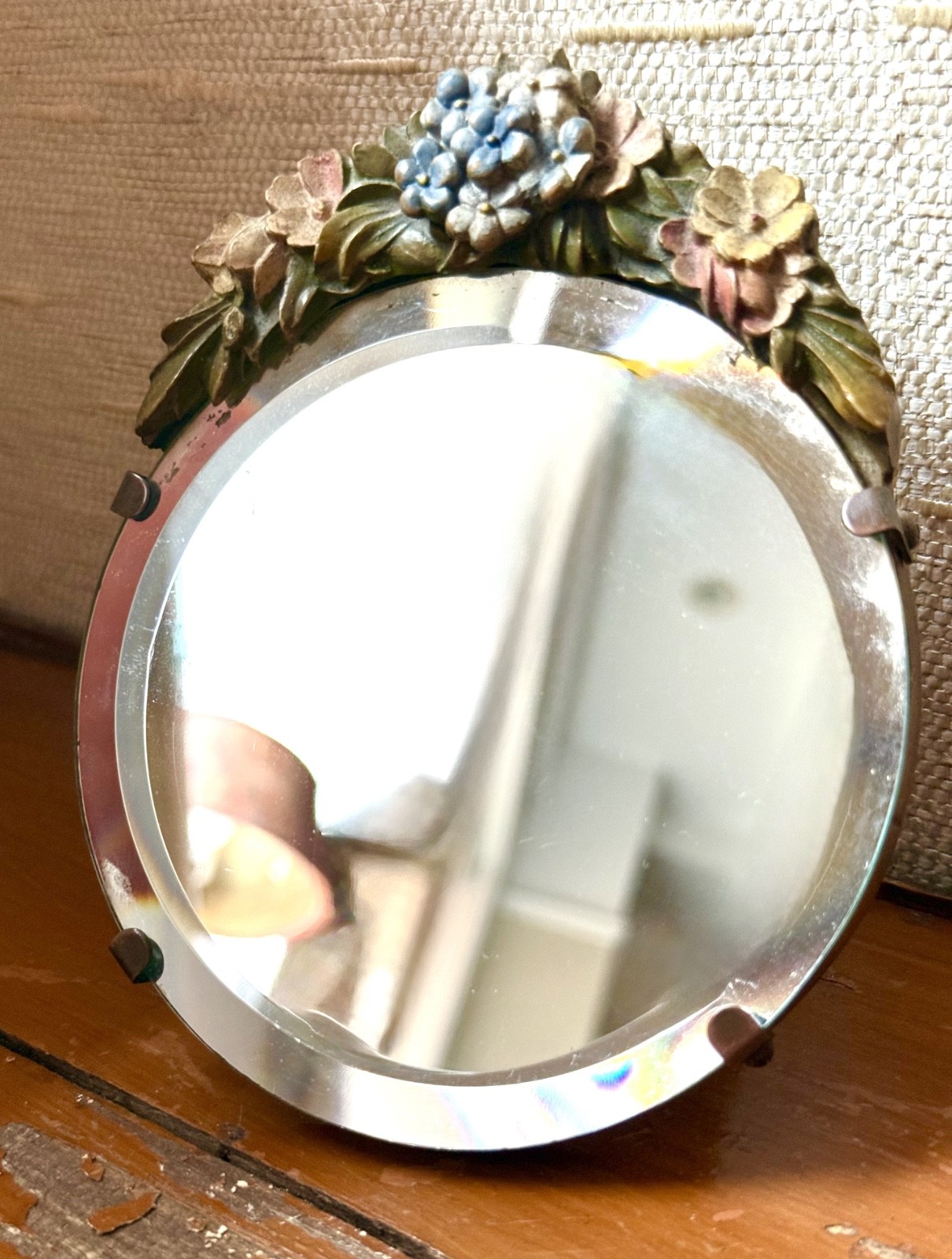Antique English Barbola Floral Vanity Mirror – Rare Small Size