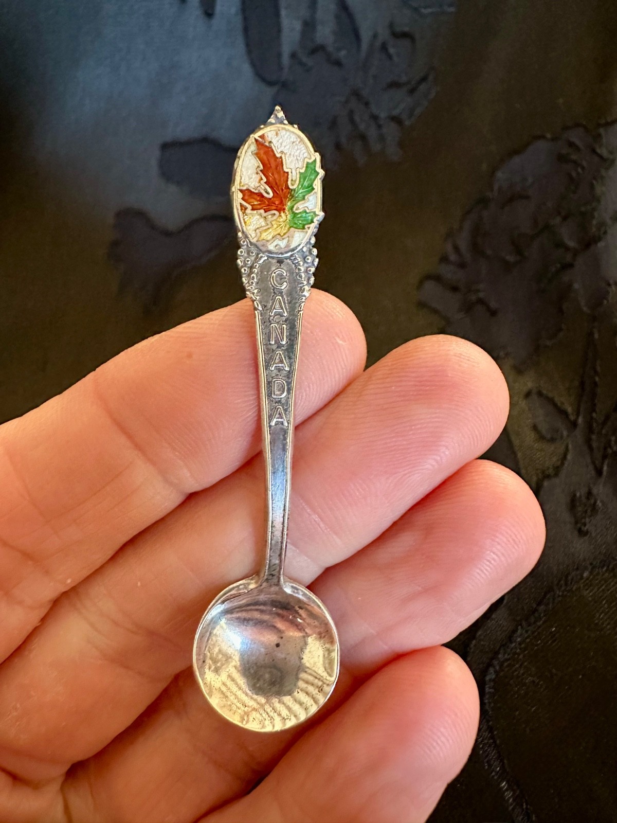 Vintage Canadian Sterling Silver Enamel Salt Spoon Maple Leaf Design BM Co.