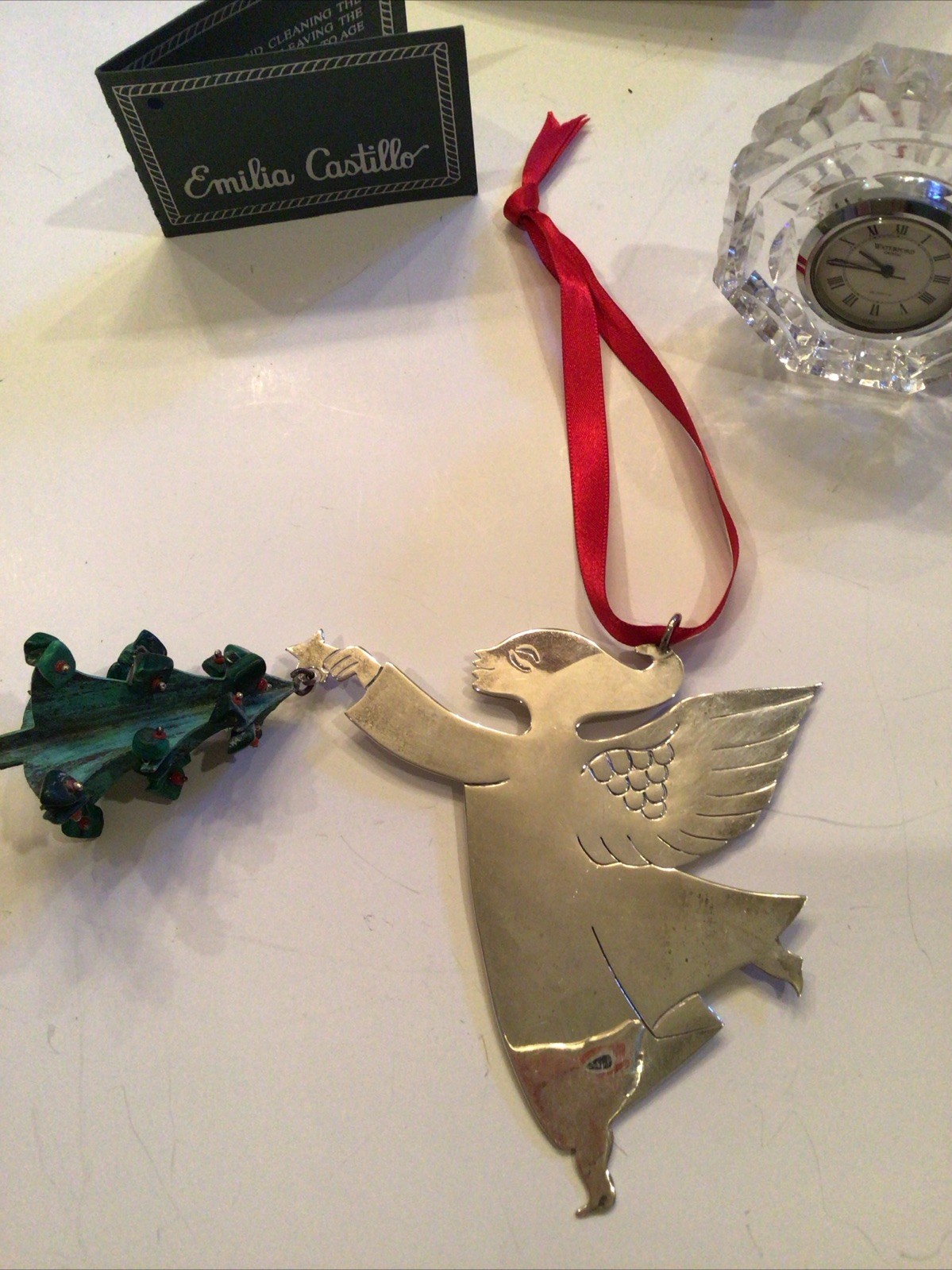 LARGE EMILIA CASTILLO STERLING CHRISTMAS ANGEL &TREE ORNAMENT NEIMAN MARCUS NOS