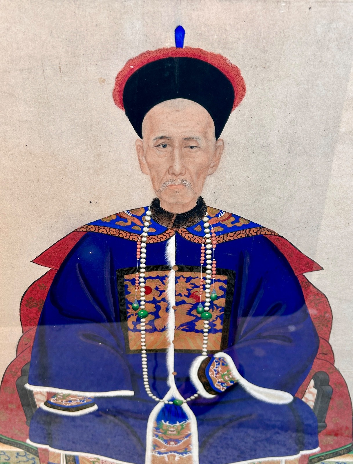 Large Antique Gallery Framed Chinese Ancestor Portrait Painting with/Rank Badge