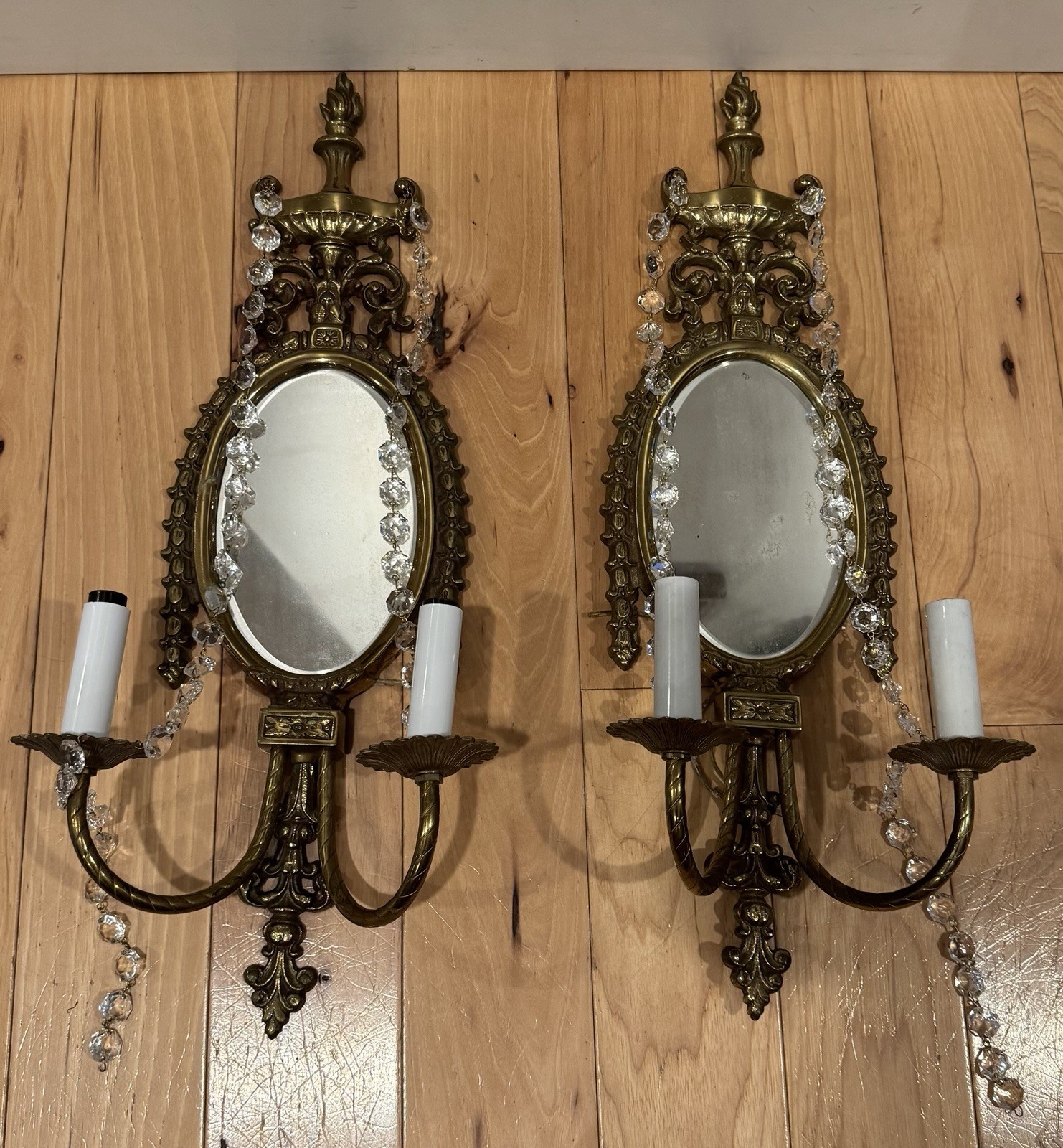 2 Large 23″ Empire Style Mid Century Brass Wall Mirror Sconces & Crystal Beads