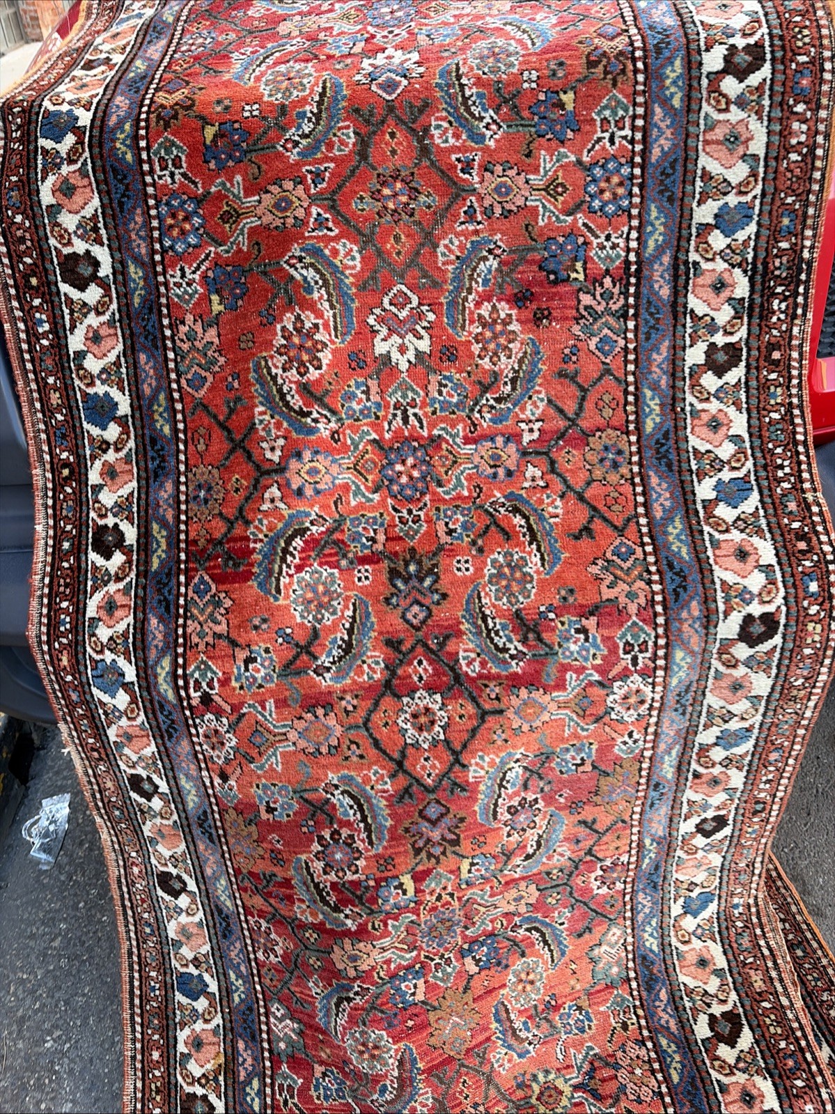 Auth: 19th C Runner Rare Herize Trans Caucasian Wool Beauty Sunset Red 3×14
