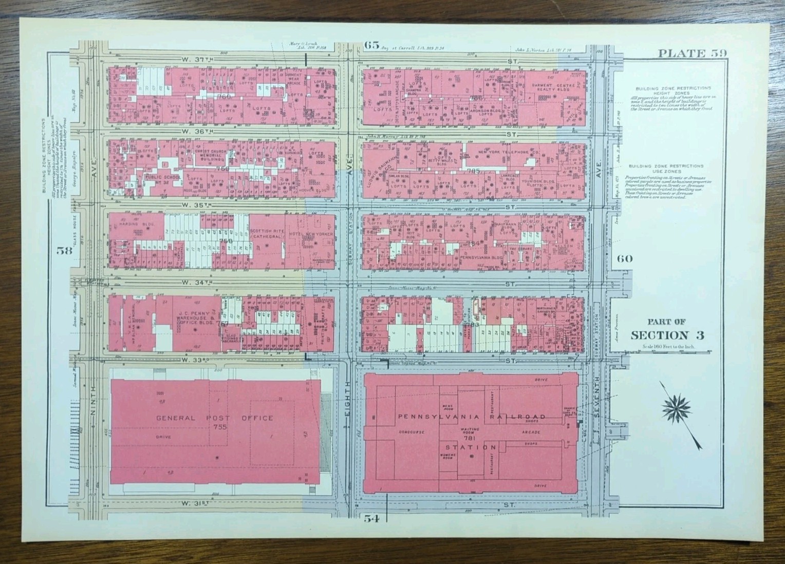1934 GARMENT DISTRICT MANHATTAN NEW YORK CITY Map 9th Av-7th Av W31st-W37th St