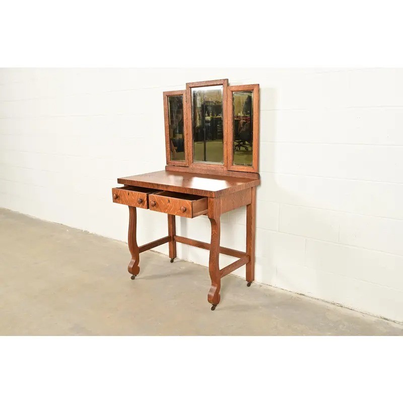 Antique American Empire Tiger Oak Vanity Dressing Table With Mirror, Circa 1900