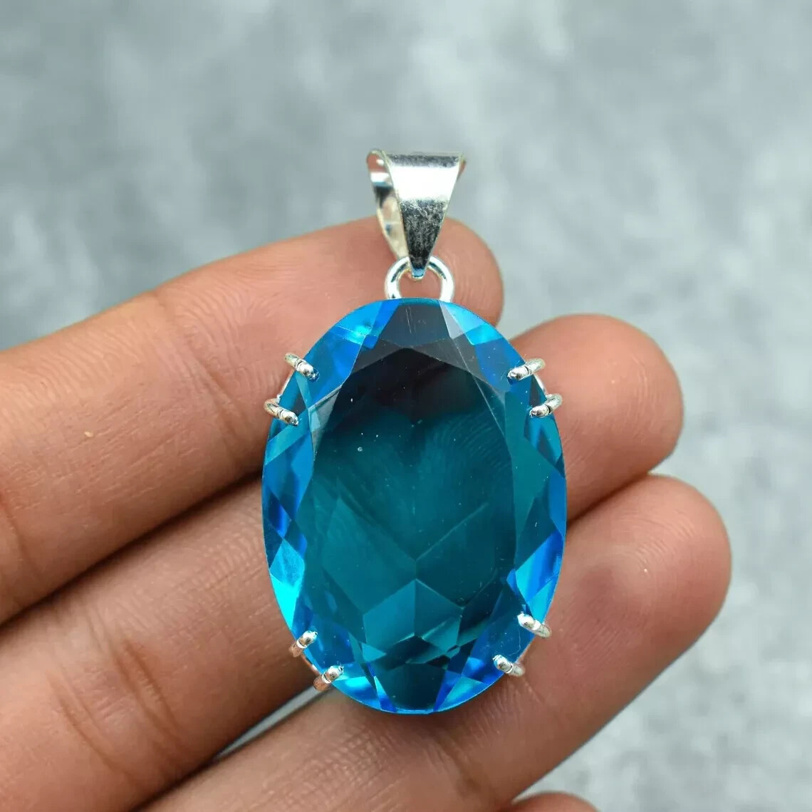 London Topaz Pendant, 925 Silver Sterling, Blue Pendant, Christmas Jewelry, Oval