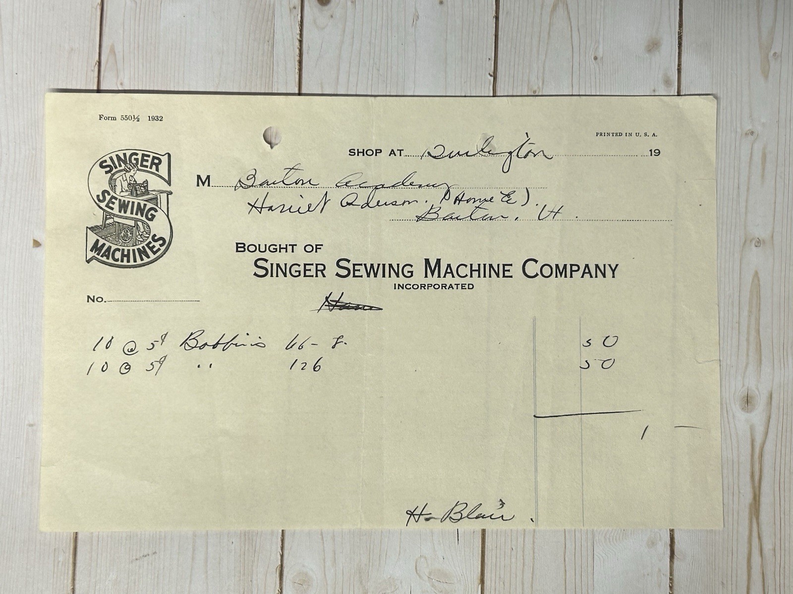 Singer Manufacturing Co Sewing Machine Illustrated Billhead Barton Academy VT