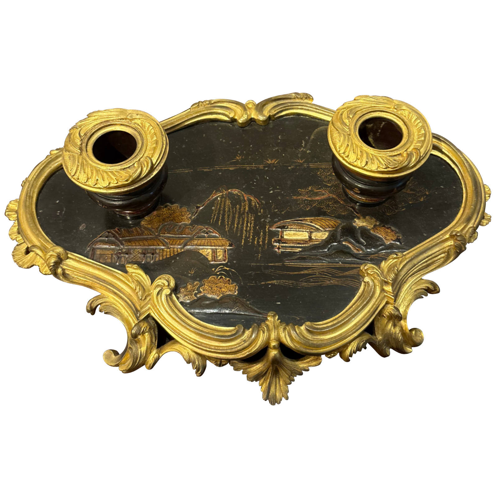 French Louis XV Style Japanned And Ormolu Mounted Encrier