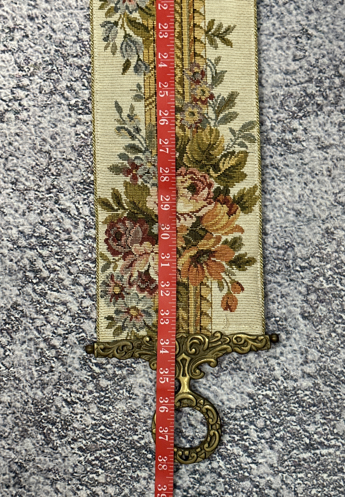 Vintage 38” MCM Corona Decor Tapestry Wall Hanging Roses Ornate Solid Brass Ends