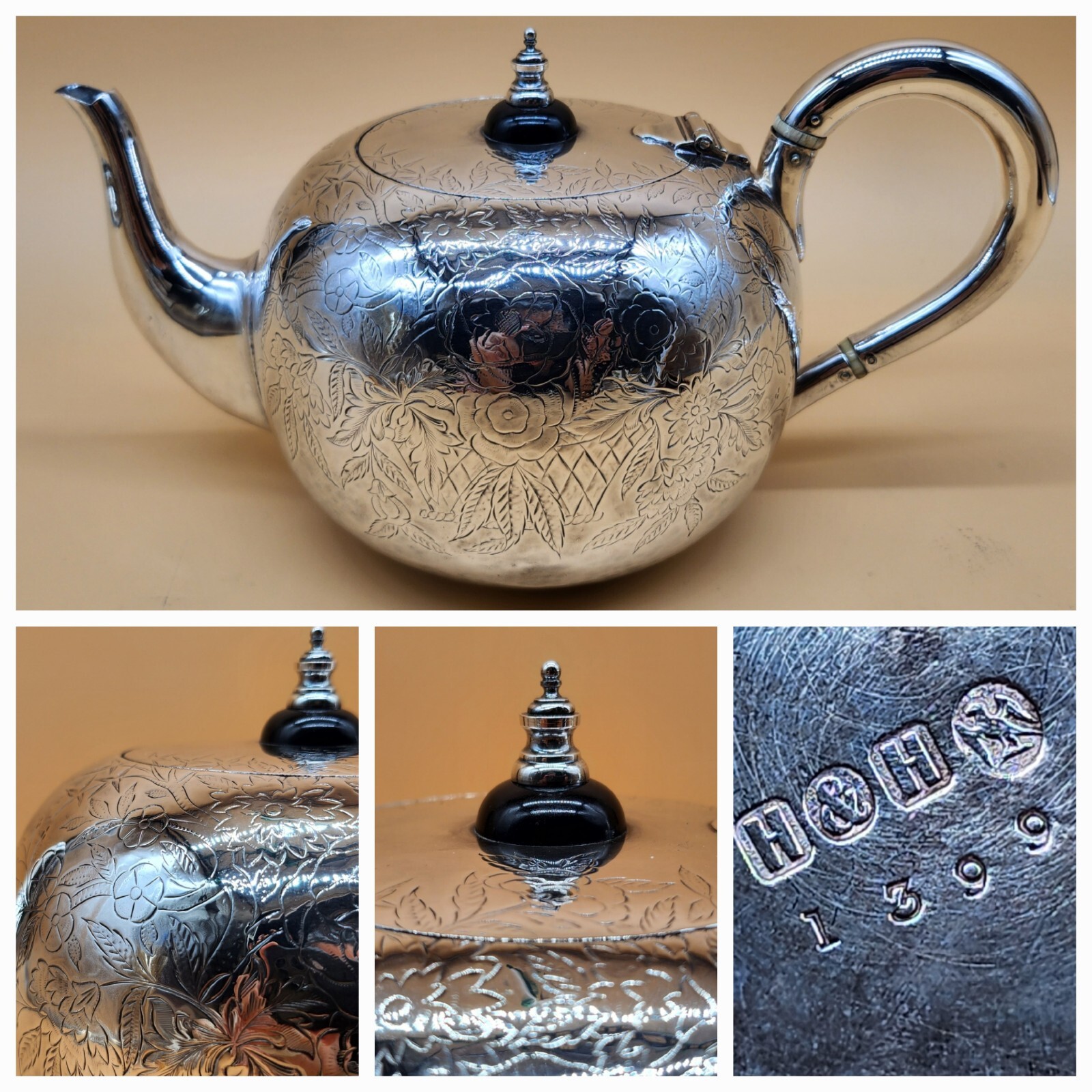 Scarce Antique H & H 1399 Hukin & Heath Silver-Plate Teapot Floral Unique Design