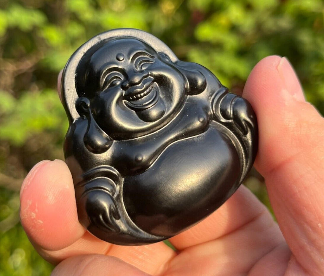 CERTIFIED 48g 100% NATURAL HOTAN BLACK JADE HAND CARVED Maitreya buddha PENDANT