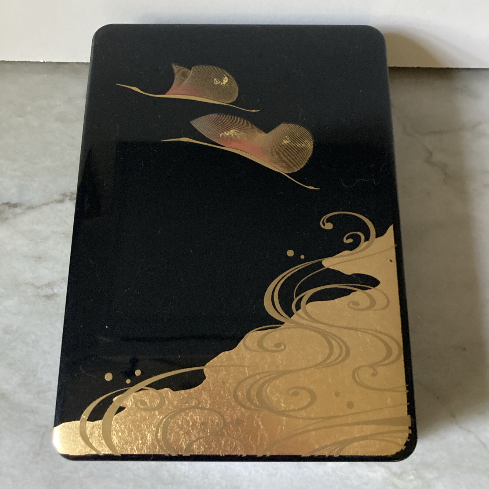 Japanese Plastic Black Gold Bird Crane Heron Wave Makie Aizu Letter Box Lacquer?