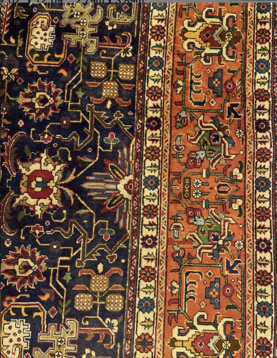 Vintage Original Area Rug Oriental / Dark Blue Knotted T.abriz 9.2×12.9 Antique