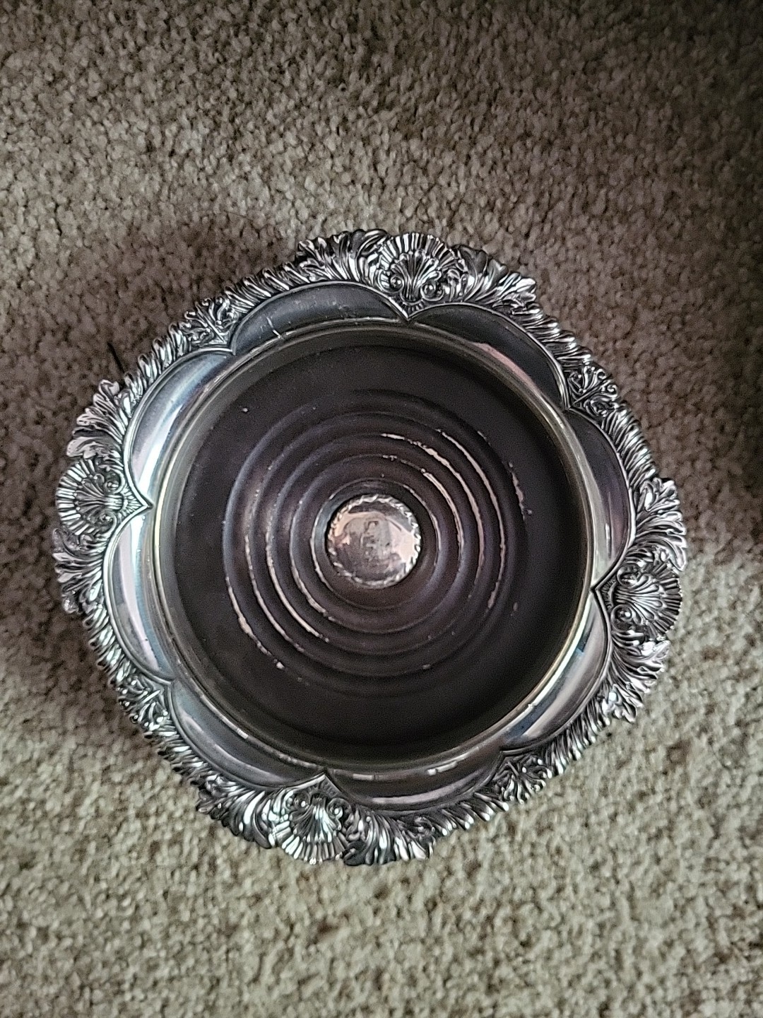 Vintage Silver Plate Wine Bottle Coaster with Wood Base Stamped