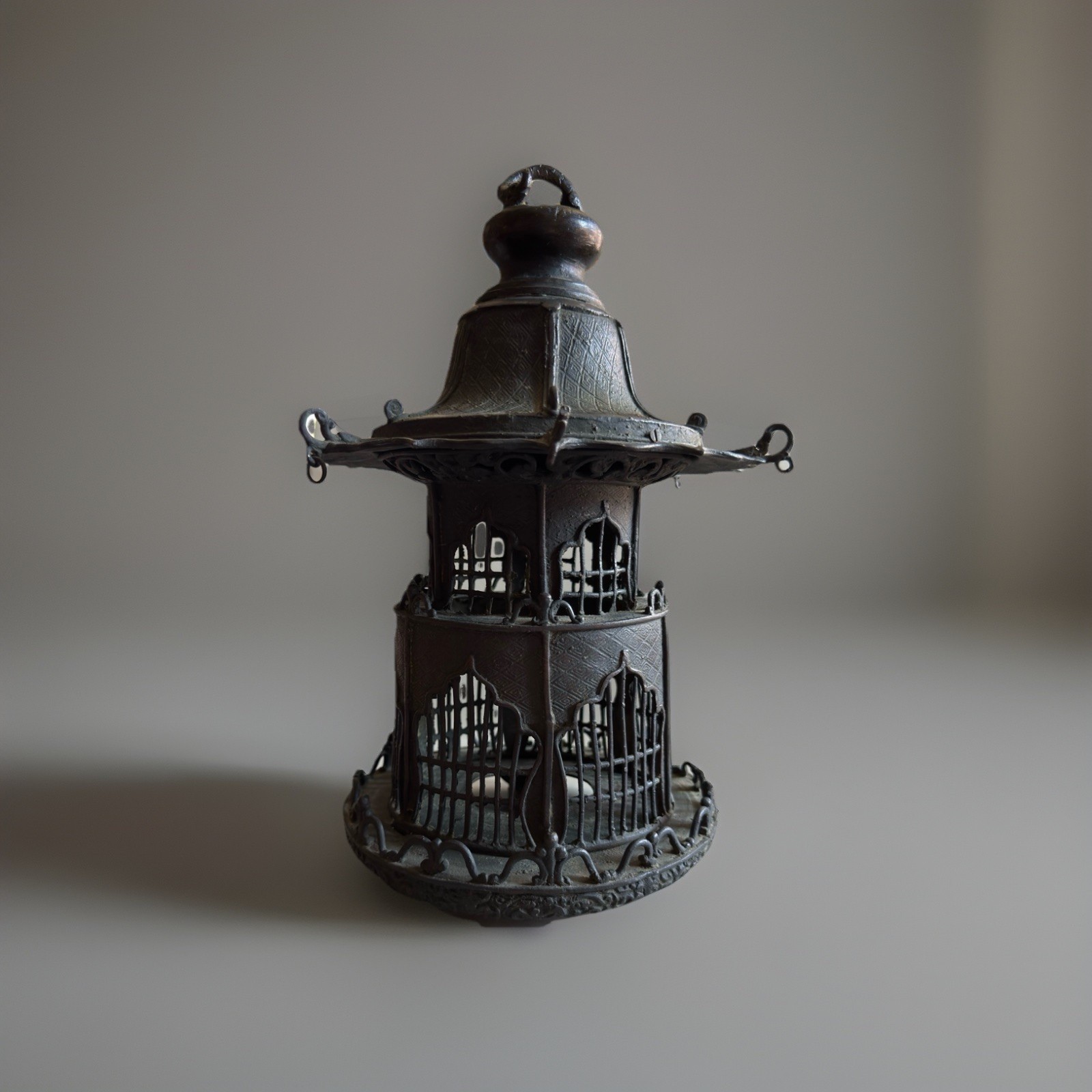 Antique Hanging Chinese Pagoda Shaped Bronze Temple Lantern, C1860