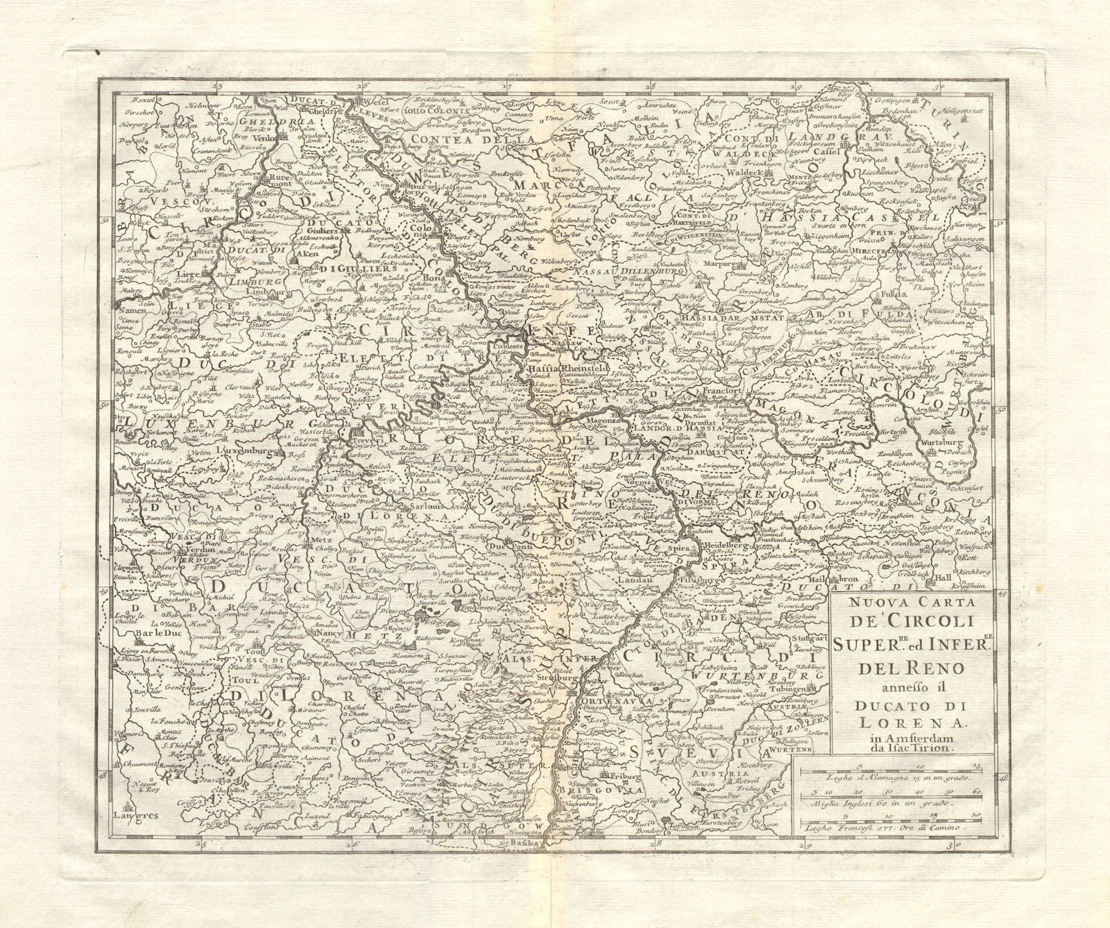 ‘Nuova Carta de Circolo … del Reno [&] ducato di Lorena’. Isaak TIRION 1740 map