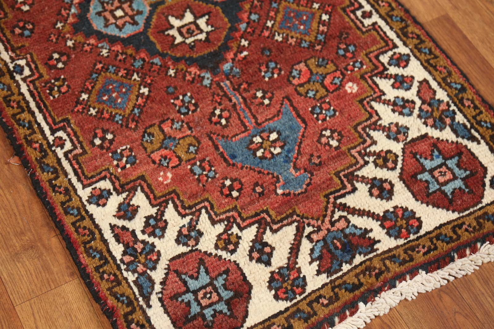 Pre-1900 Vegetable Dye Heriiz Serapi Narrow Runner Handmade Antique Rug 2×11
