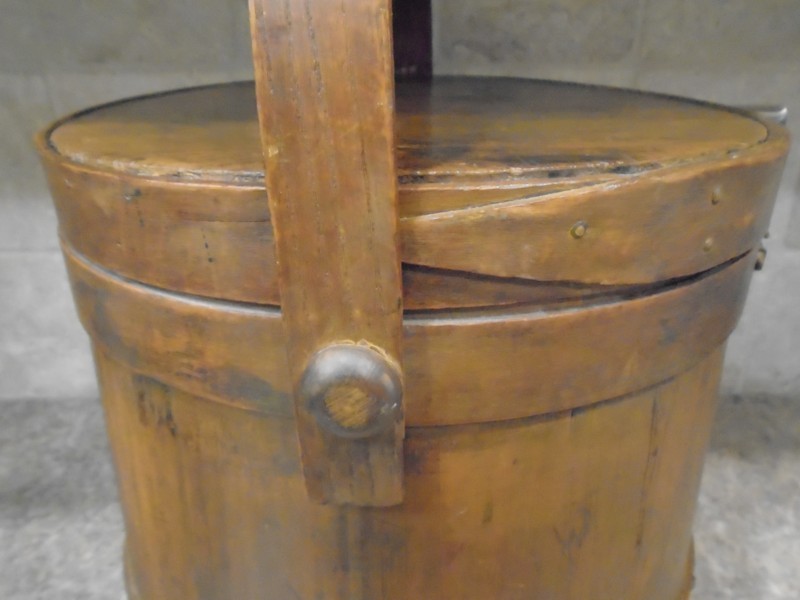 Handsome antique 3-Banded Wooden Firkin Bucket with Lid 10 ½” bottom 10″ high