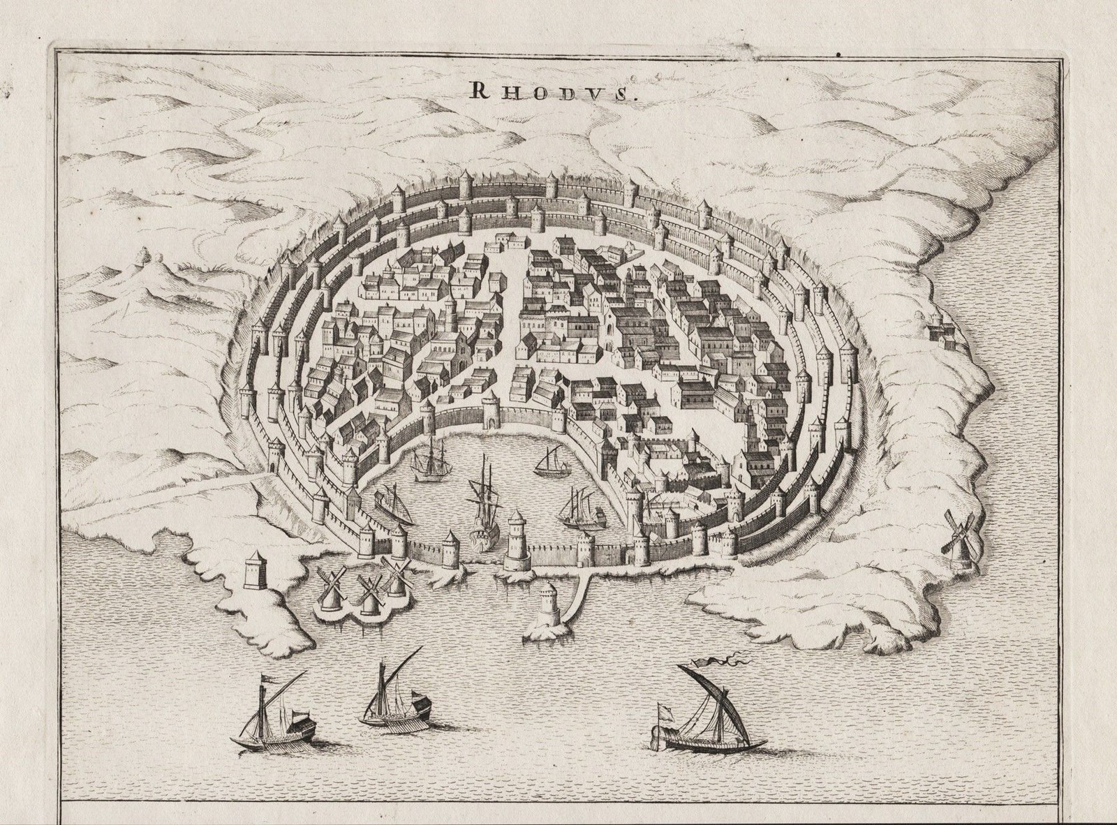 Rhodes City Island Greece Engraving Copperplate Blaeu Mortier 1704
