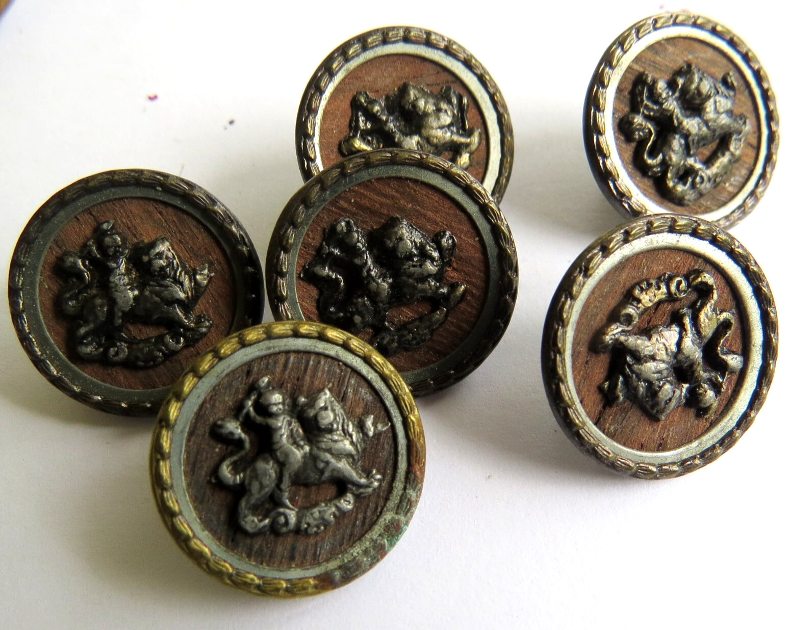 6 Antique Satyr RIDING the LION ~ Pewter Cupid Angel Putti Picture Metal Buttons