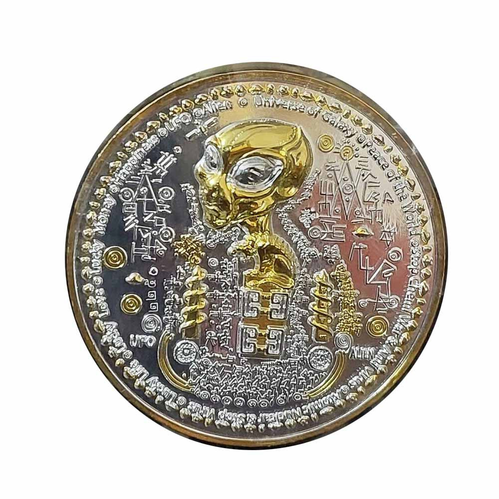 Thai Amulet Power Protect Luck Alien UFO Yant Coin AJ Mom Wealth Fortune Success